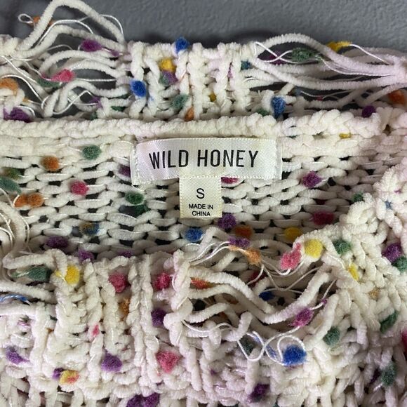 WILD HONEY Sweater Cropped Confetti Distressed Thrashed Grunge Womens S Cream - Picture 3 of 10